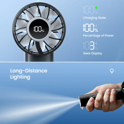 Portable Mini Fan with LED Display & Flashlight – Handheld 3-Speed USB Rechargeable 2000mAh Battery Fan