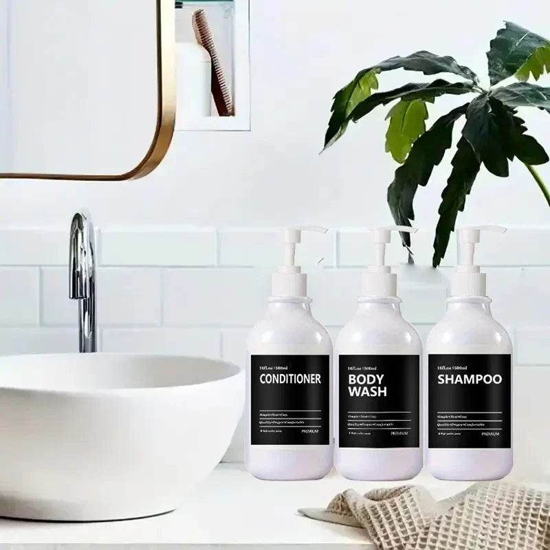 3 Pack 500ml Soap Dispenser Bottles with Labels – Kitchen & Bathroom Shampoo, Conditioner, Liquid Soap Containers
