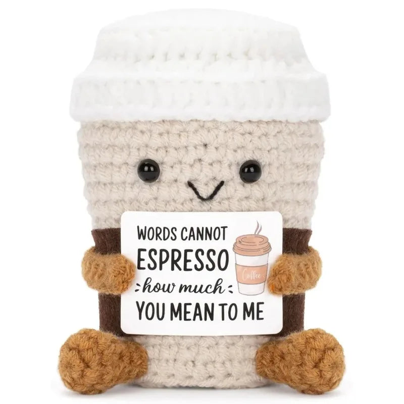 Handmade Crochet Coffee Doll – Funny Emotional Support Desktop Ornament & Christmas Gift