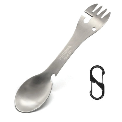 5-in-1 Tactical Spork — Stainless Steel Spoon, Fork, Knife, Can & Bottle Opener Combo for Camping & Hiking