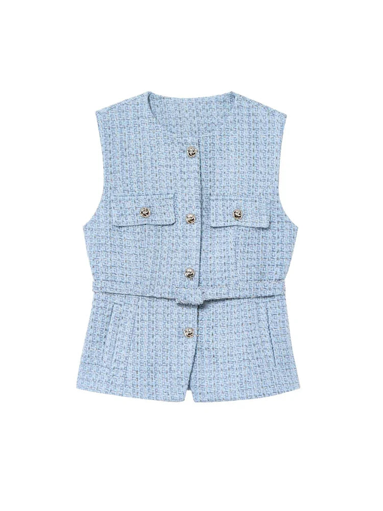 TRZA Women’s Tweed Waistcoat — Sleeveless O-Neck Top with Belt & Front Buttons, Chic Fashion Outerwear