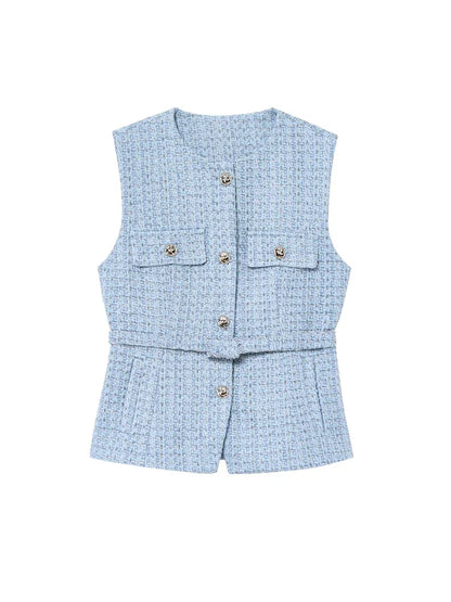 TRZA Women’s Tweed Waistcoat — Sleeveless O-Neck Top with Belt & Front Buttons, Chic Fashion Outerwear