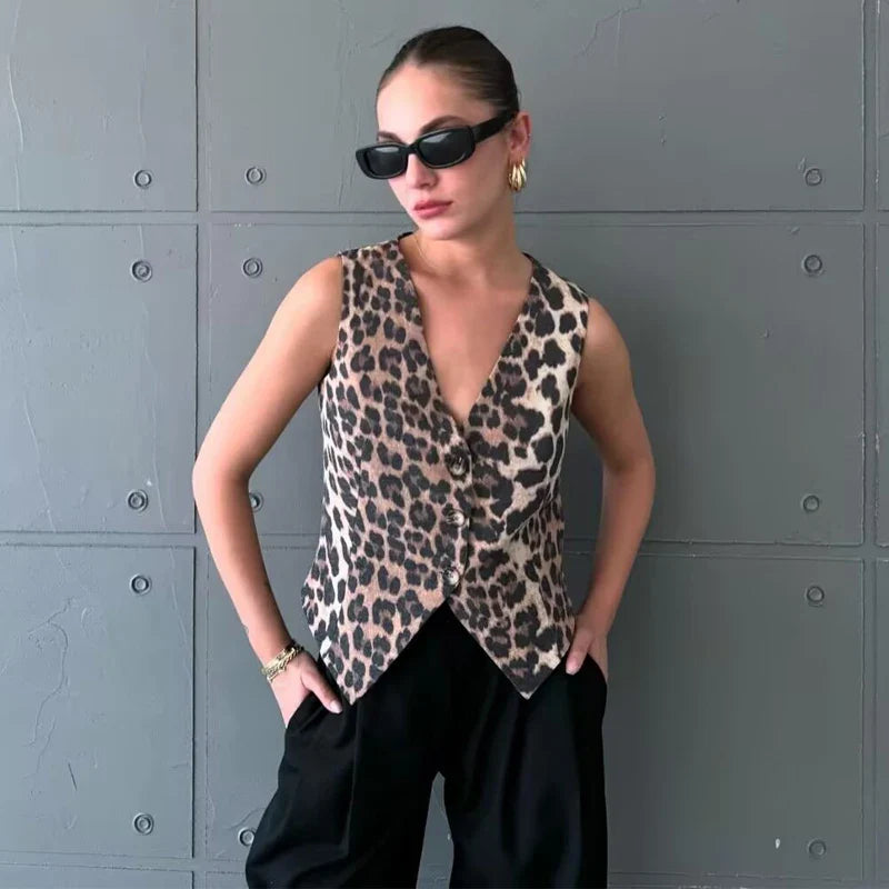 Women’s Leopard Print Cropped Vest – Sleeveless Waistcoat, Fashion Streetwear Short Jacket