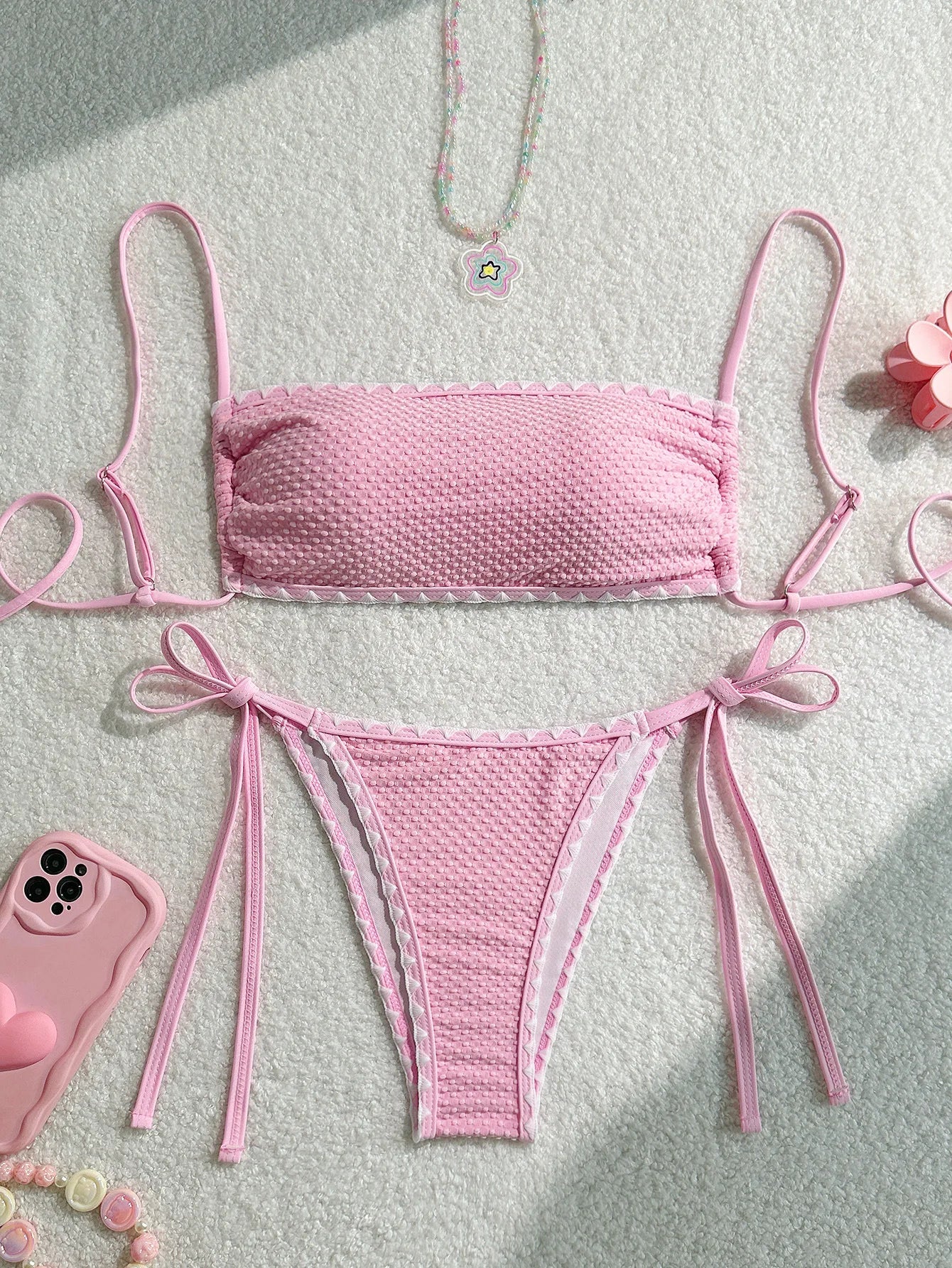 White 2-Piece Strapless Swimwear – Sexy Bandeau Backless Lace-Up Patchwork Bikini Set for Women, 2025 New