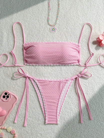 White 2-Piece Strapless Swimwear – Sexy Bandeau Backless Lace-Up Patchwork Bikini Set for Women, 2025 New