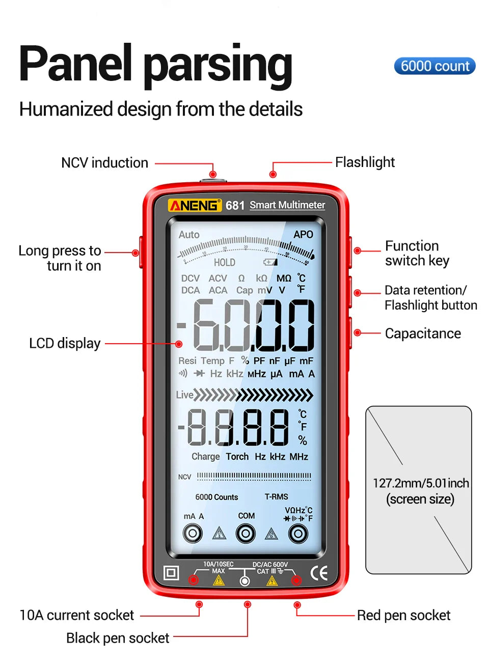 ANENG 681 Rechargeable Digital Multimeter — Professional Non-Contact AC/DC Voltage & Current Tester with LCD Screen