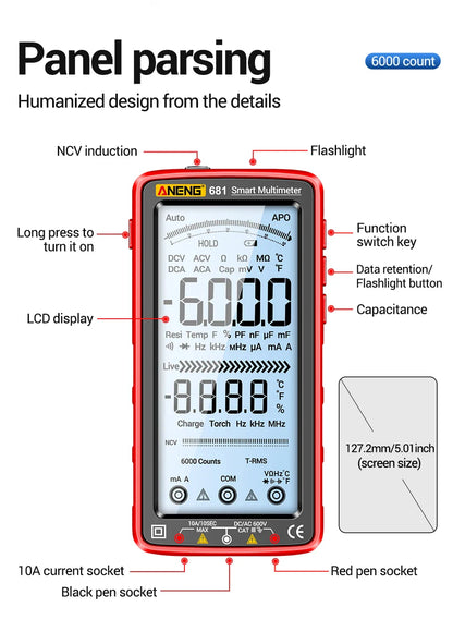 ANENG 681 Rechargeable Digital Multimeter — Professional Non-Contact AC/DC Voltage & Current Tester with LCD Screen