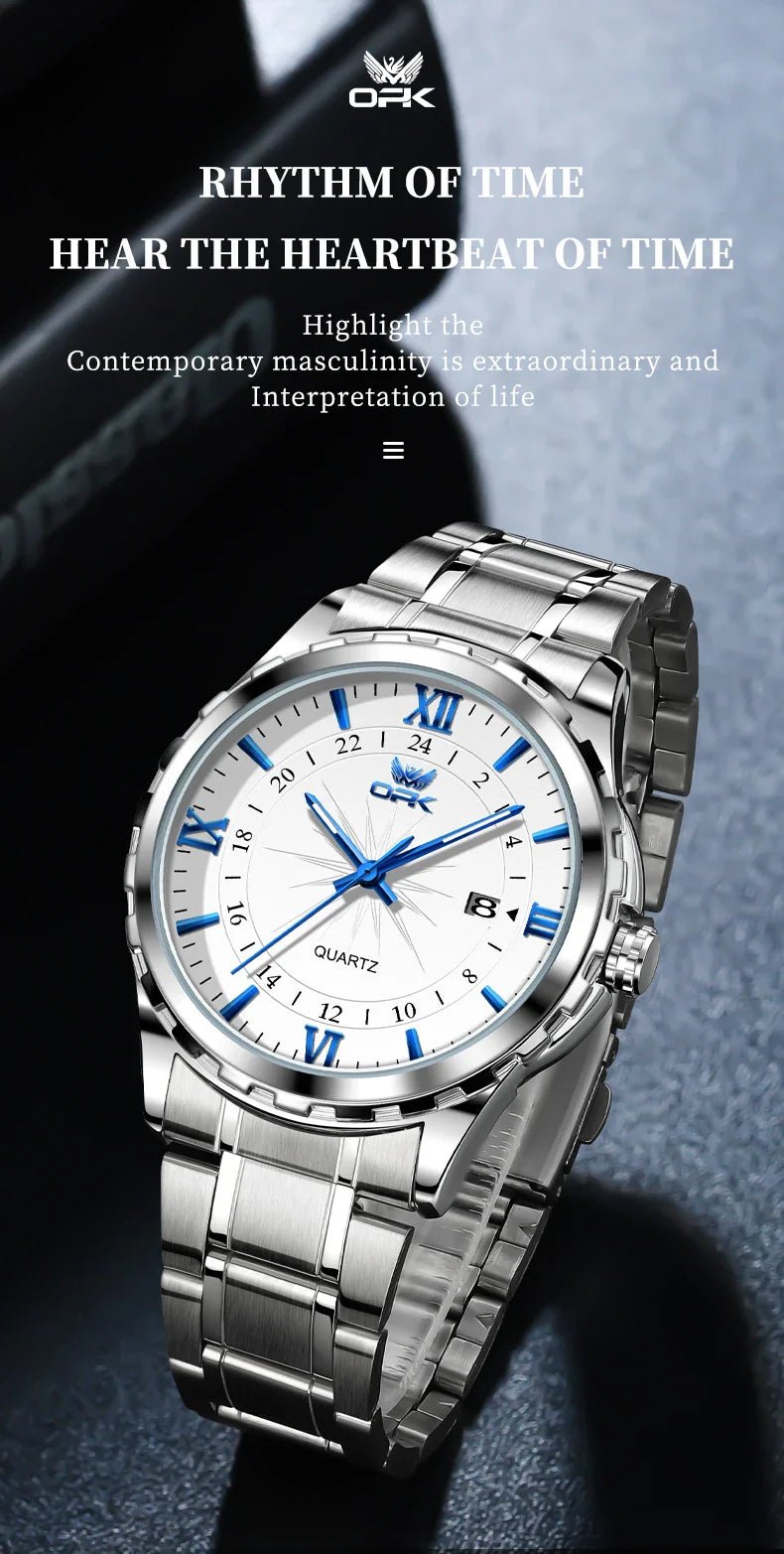 OPK Men's Quartz Watch — Steel Belt Dual Calendar Wristwatch Model 6003