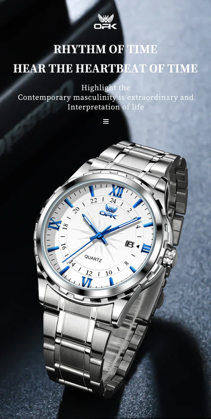 OPK Men's Quartz Watch — Steel Belt Dual Calendar Wristwatch Model 6003