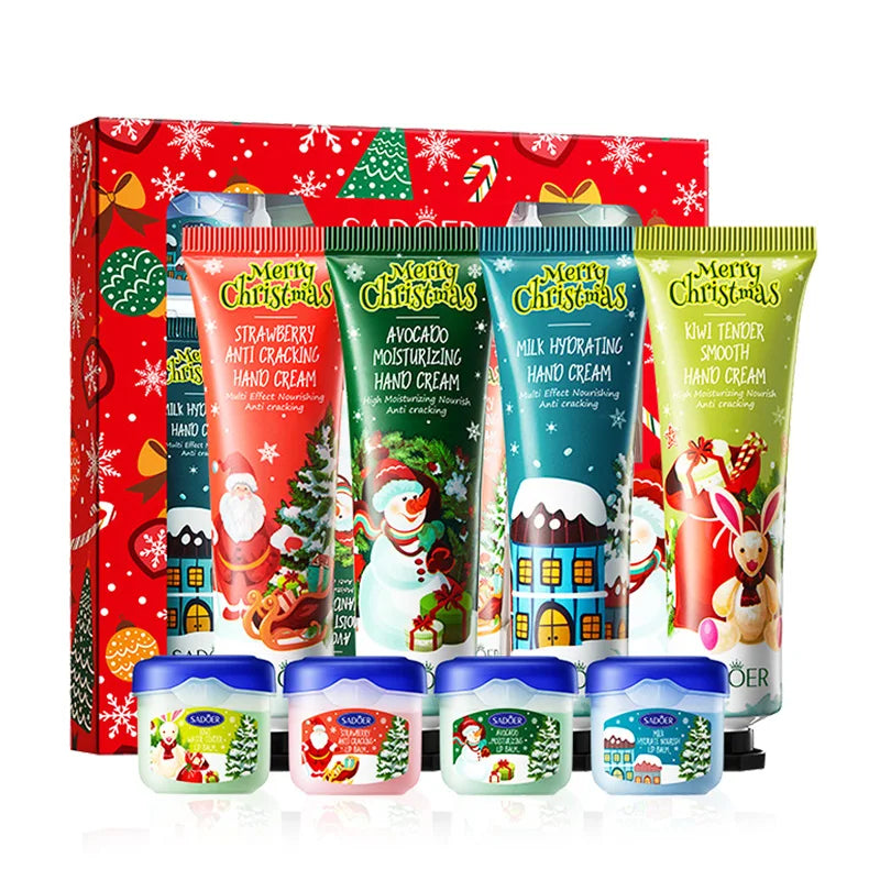 SADOER 8pcs Christmas Hand & Lip Care Set — Moisturizing Hand Cream & Lip Balm for Plump Lips and Smooth Skin