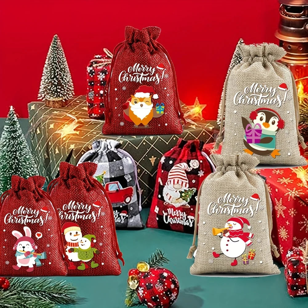 12PCS Christmas Drawstring Gift Bags – Linen Fabric Bags for Advent Calendar, Cookies & Candy Pouches