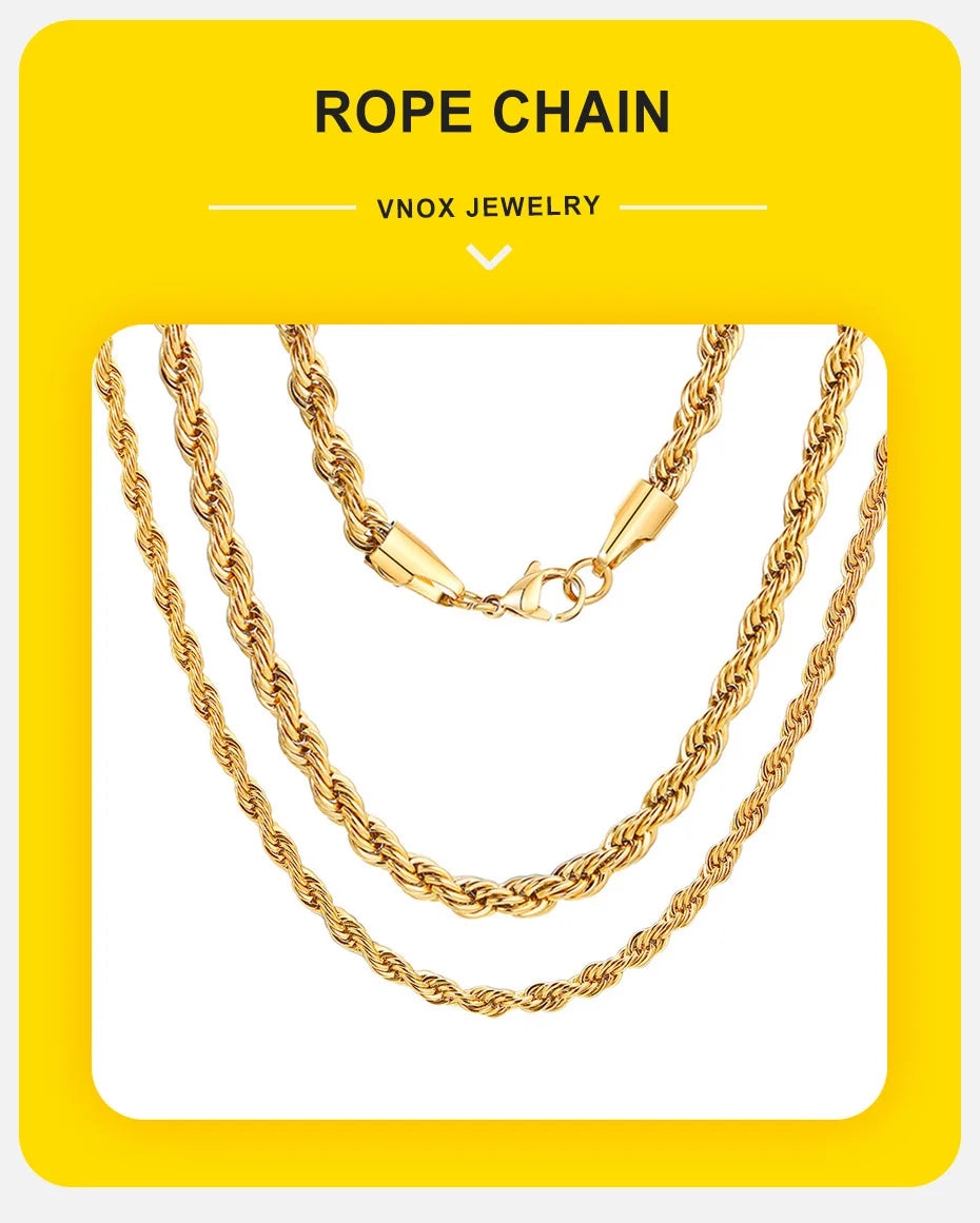 Vnox Dainty Gold Color Rope Chain Necklace – Chic Twisted Collar for Men & Women, Waterproof Stainless Steel, 2-5mm Width