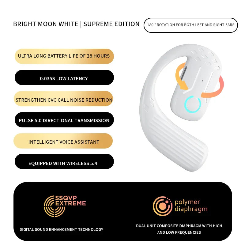 Open Wireless Bluetooth 5.4 Headset – 180° Rotatable Adjustable Ear-Hook Earphone with Mic for Sport, Business & Music