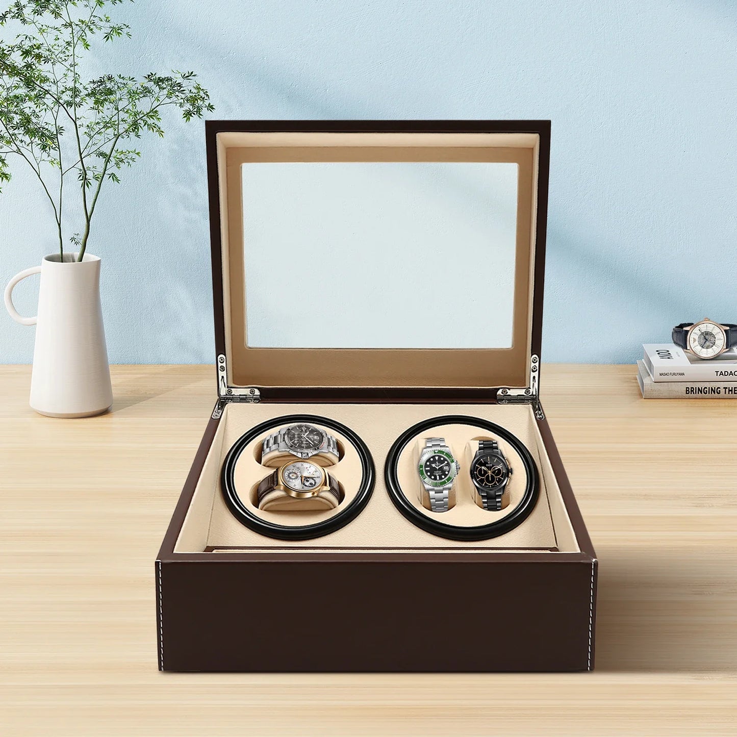 4+6 Slot Automatic Watch Winder – Leather & Wood Luxury Display Case with Pillow, Black/Brown