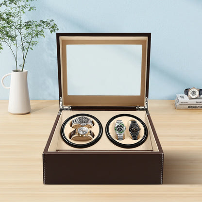 4+6 Slot Automatic Watch Winder – Leather & Wood Luxury Display Case with Pillow, Black/Brown
