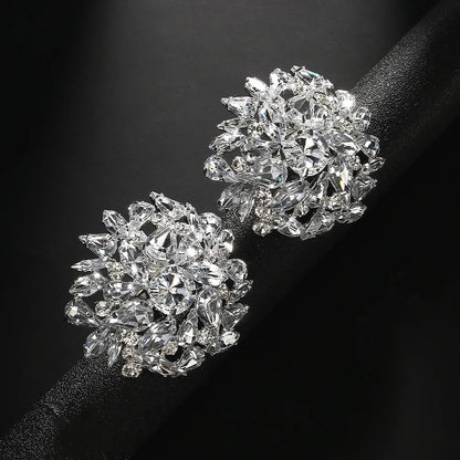 Fashion Round Clip Earrings – Geometric Bling Wedding Jewelry for Women, Rhinestone Clip-On Earrings, No Piercing Christmas Gift