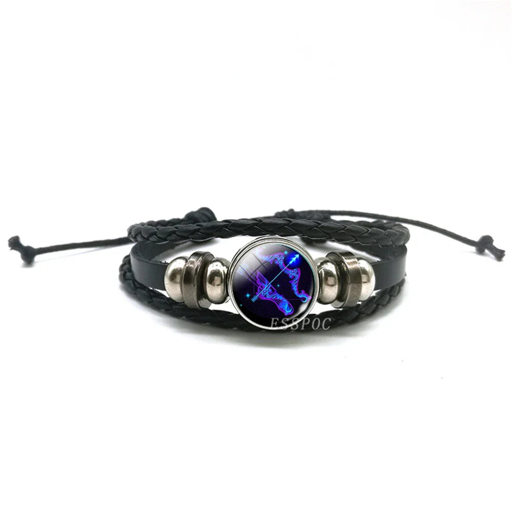 New Men's 12 Constellation Black Braided Leather Bracelet – Punk Style Zodiac Sign Multilayer Wrap Bracelet for Birthday Gifts