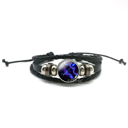 New Men's 12 Constellation Black Braided Leather Bracelet – Punk Style Zodiac Sign Multilayer Wrap Bracelet for Birthday Gifts