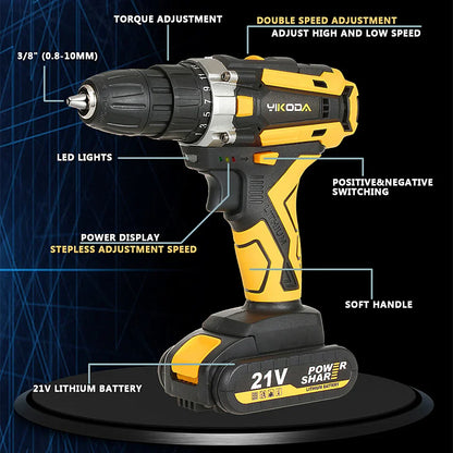 YIKODA Cordless Drill - Rechargeable Electric Screwdriver Lithium Battery - Household Multi-function Power Tools ( 12/16.8/21V, 2 Speed )