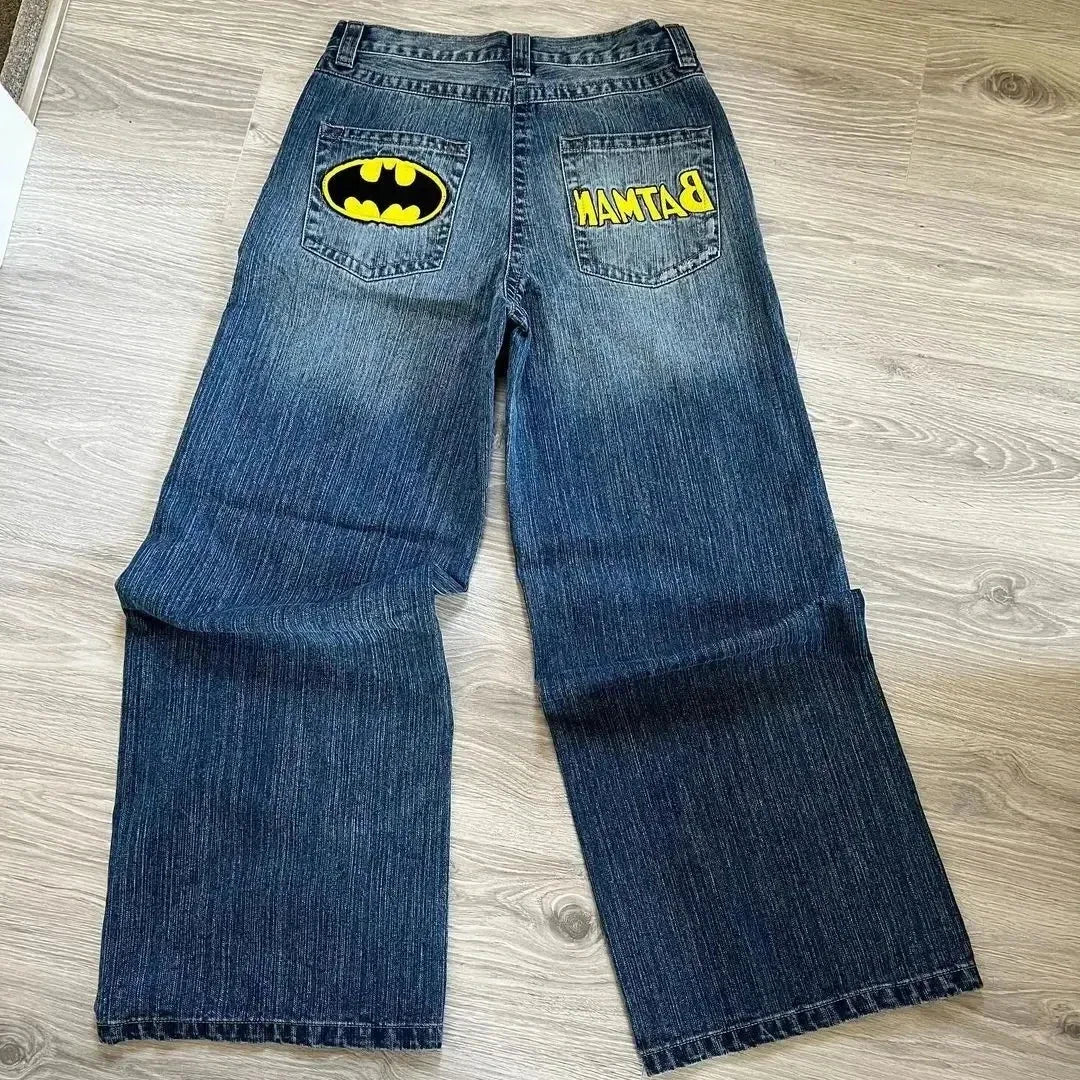 Harajuku Hip Hop Cartoon Embroidered Blue Baggy Jeans – Y2K Low Waist Wide Leg Pants for Men & Women