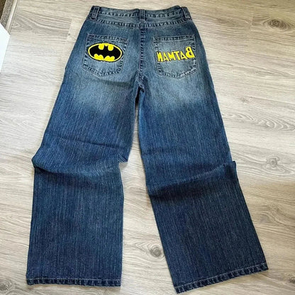 Harajuku Hip Hop Cartoon Embroidered Blue Baggy Jeans – Y2K Low Waist Wide Leg Pants for Men & Women