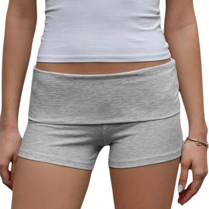 Summer Women’s Slim Solid Color Yoga Shorts — Casual Fold-Over Low Waist Lounge Shorts