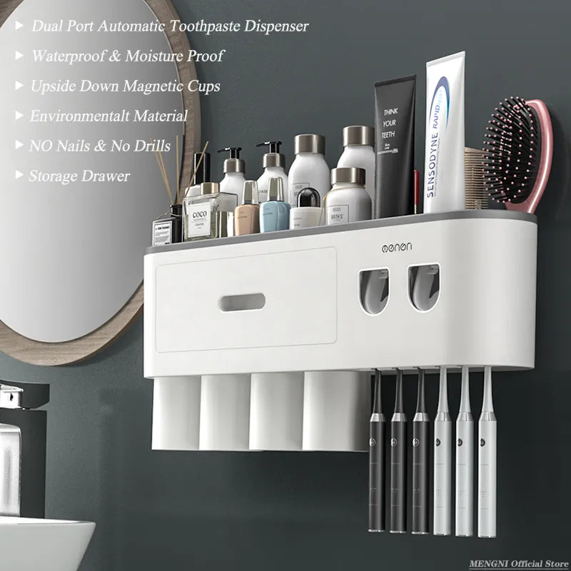 MENGNI Magnetic Inverted Toothbrush Holder with Automatic Toothpaste Squeezer - Wall-Mounted Storage Rack for Bathroom Accessories