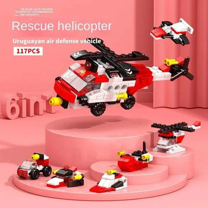 6-in-1 Police Truck Mech Dinosaur Building Blocks - Tank, Helicopter & Fire Truck Educational Toy