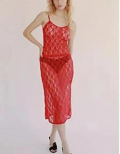 Women Y2K 2-Piece Skirt Set – Lace Flower See-Through Sleeveless Camisole & Wrapped Midi Skirt Summer Beach Outfit Suit