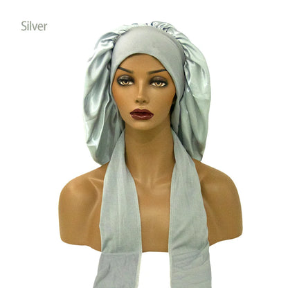 Satin Nightcap for Women - Wide Stretch, Extra-Large Long Tail, Shower Cap with Ribbon, Round Hat Hair Bonnet