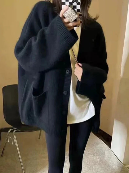 Korean Black V-Neck Knitted Cardigan – Single-Breasted Long Sleeve Loose Casual Women’s Sweater