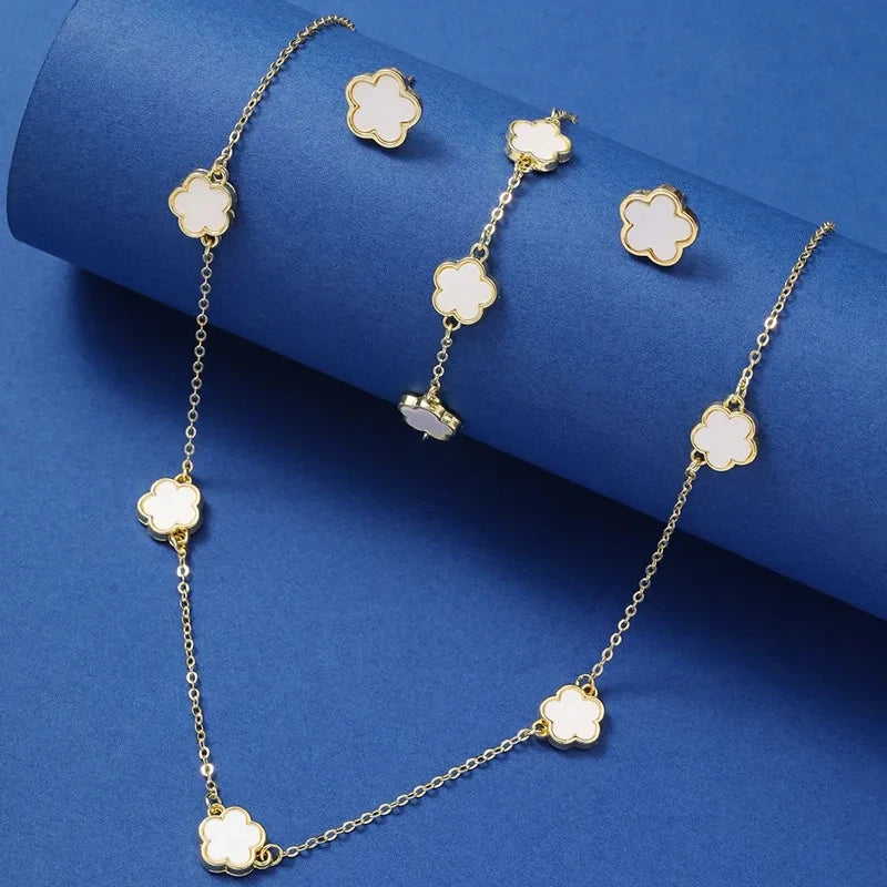 Lucky Five-Petal Flower & Clover Bracelet, Earrings, Necklace Set – Stylish Women's Party Jewelry Accessories