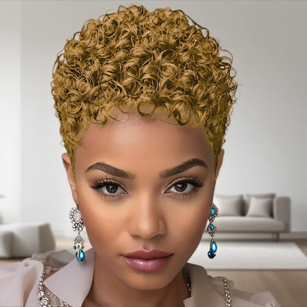 Short Afro Kinky Curly Human Hair Wig - Pixie Cut Full Machine-Made Wig for Women