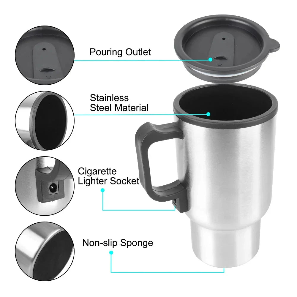 12V Electric Heating Car Kettle - 450ml Stainless Steel Thermal Mug for Water, Coffee, Milk - Travel & Camping