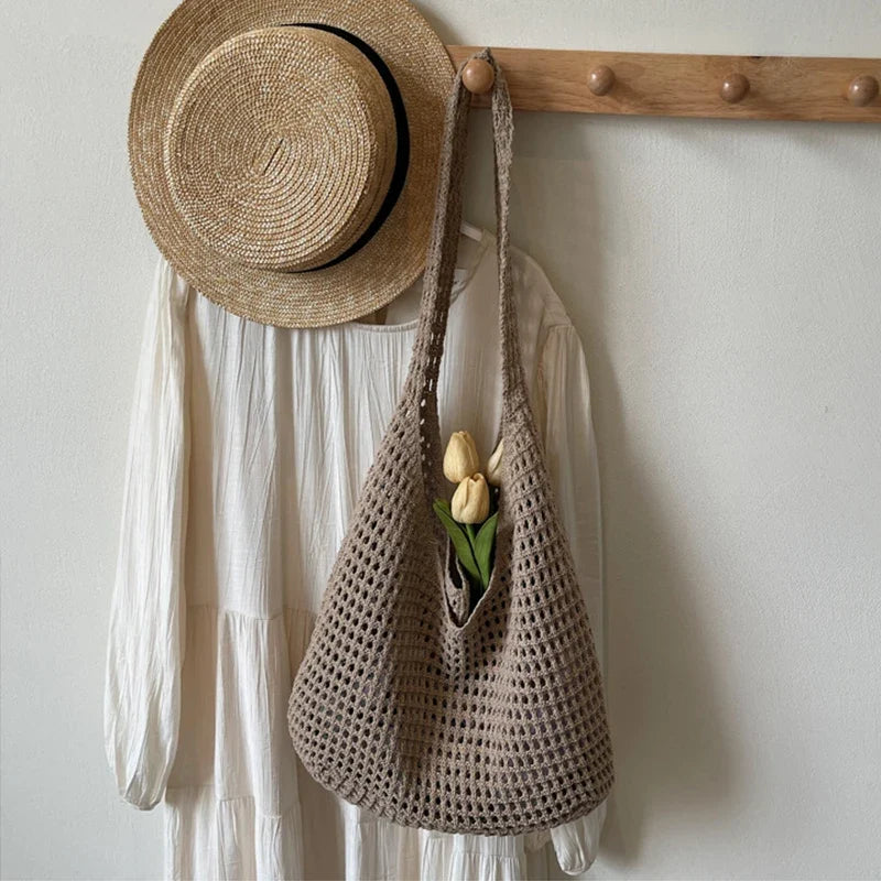 Crochet Shoulder Bag - Summer Woven Hollow Beach Tote for Vacation & Everyday Use