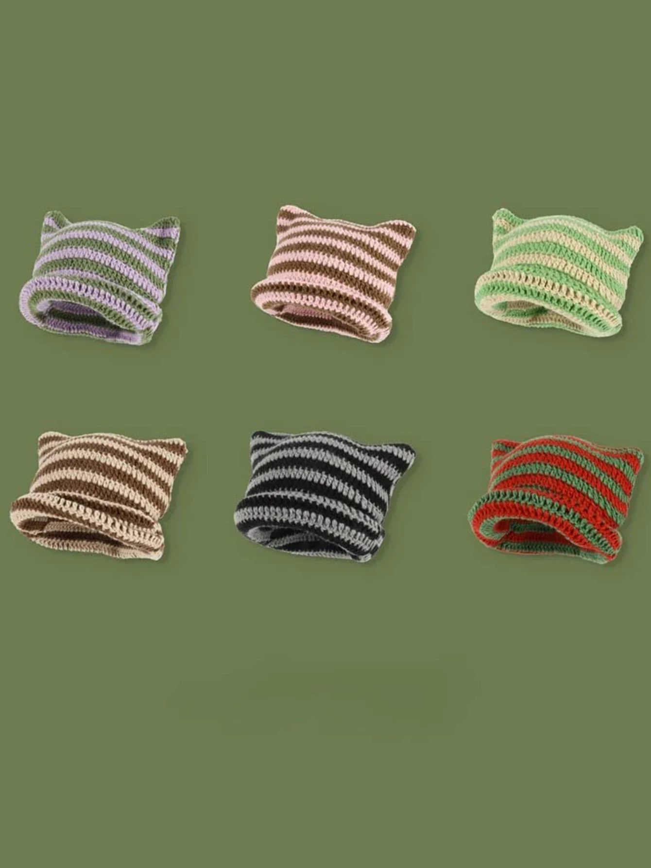 Stay Trendy and Warm: Cute Cat Ears Beanie Hats for Women - Winter Striped Korean Punk Gothic Y2K Wool Knitted Streetwear Bucket Cap, Handmade Crochet Design