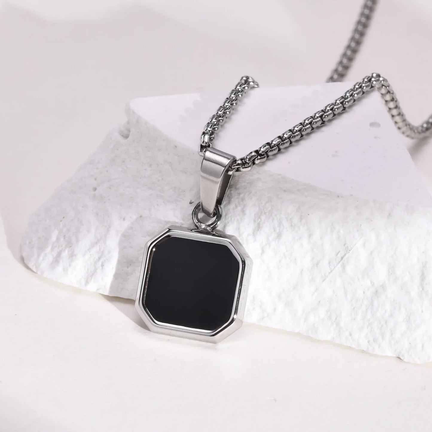 Casual Black Enamel Necklace for Men, Waterproof Stainless Steel Square Pendant, Simple Fashion Collar Jewelry Gift