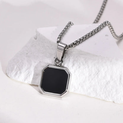 Casual Black Enamel Necklace for Men, Waterproof Stainless Steel Square Pendant, Simple Fashion Collar Jewelry Gift
