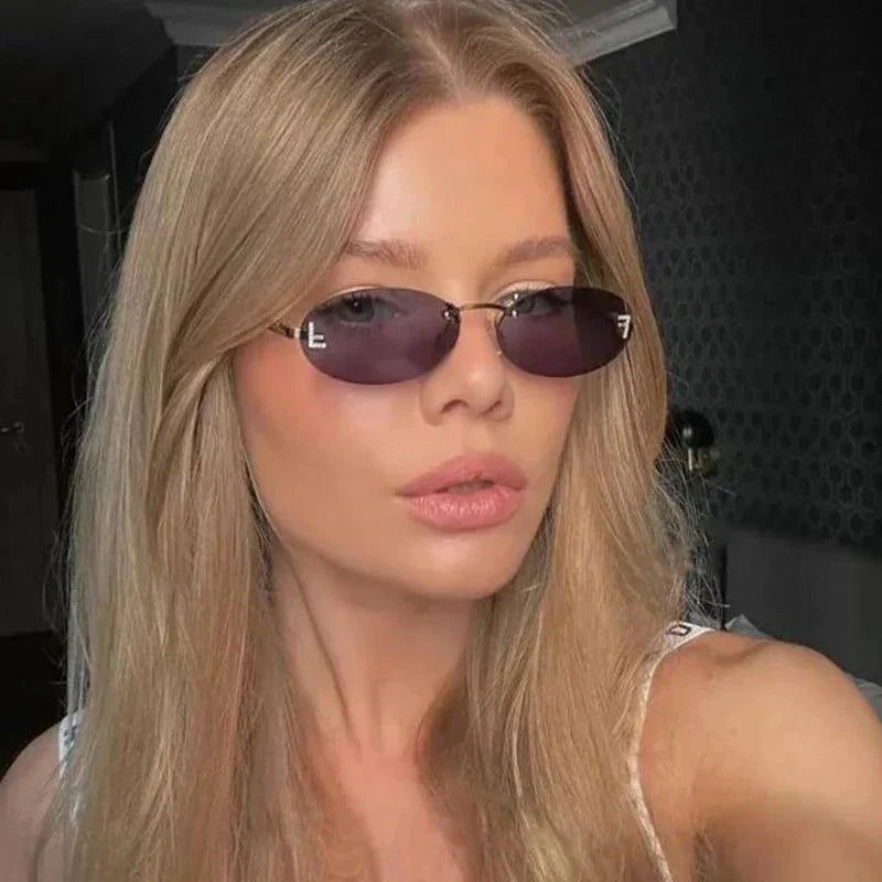 Diamond Letter "F" Rimless Sunglasses | Women’s Luxury Metal Frame Black Oval UV400 Shades