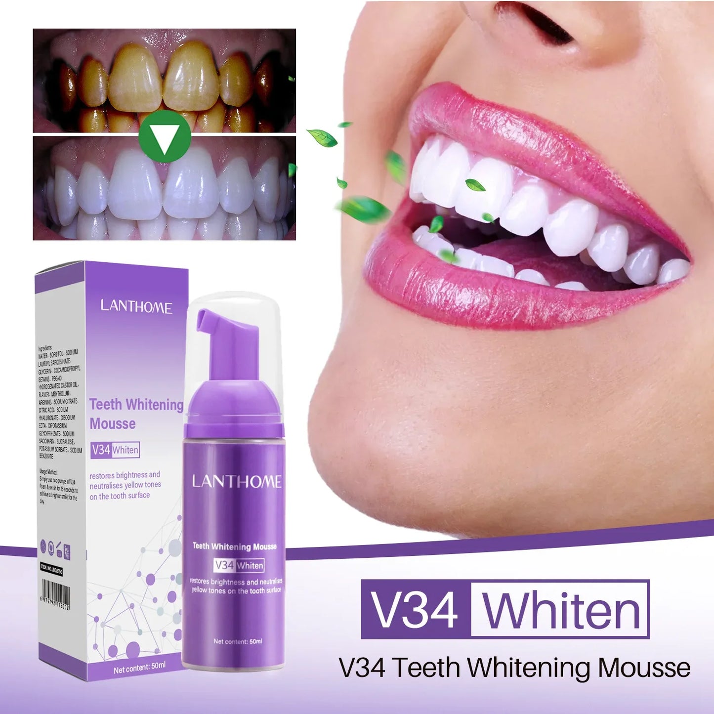 50ML V34 Purple Whitening Toothpaste – Brighten Teeth, Remove Stains & Foam Cleaning for Oral Care