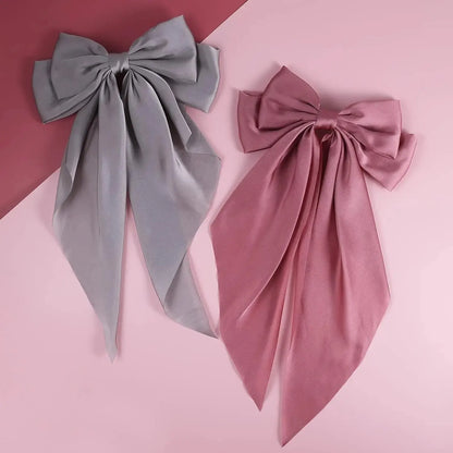 2PCS Elegant Bow Ribbon Hair Clips – Simple Solid Satin Spring Clip Hair Pins, Headband with Clips – Girls Hair Accessories