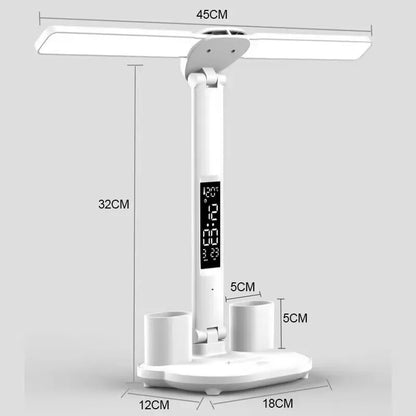 LED Clock Table Lamp – USB Rechargeable, Dimmable Desk Lamp with 2 Heads, 180° Rotate, Foldable, Eye Protection for Reading