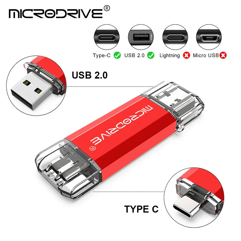 Pendrive Type C OTG USB Flash Drive - 128GB, 64GB, 32GB, 16GB, 8GB, 4GB High-Speed Memory Stick for Type-C Devices