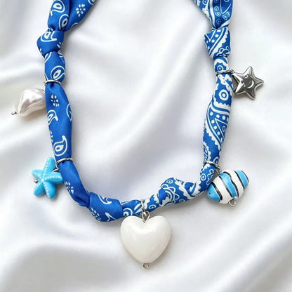 Bohemian Fabric Scarf Necklace - Sea Life, Heart & Floral Charm Pendant Vacation Jewelry Gift for Women