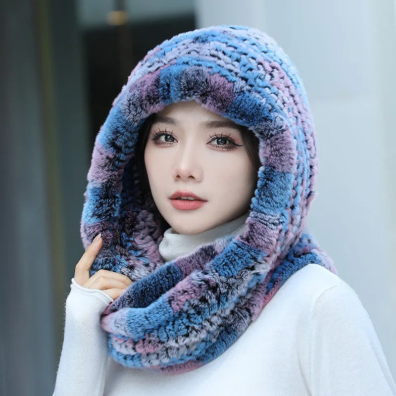 2025 Women’s Knitted Rex Rabbit Fur Hat – Hooded Scarf with Neck Collar, Long Winter Warm Fur Hat & Scarf Set