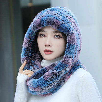 2025 Women’s Knitted Rex Rabbit Fur Hat – Hooded Scarf with Neck Collar, Long Winter Warm Fur Hat & Scarf Set