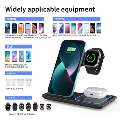 200W 3-in-1 Wireless Charging Stand – Foldable Fast Charging Dock for iPhone 16-8, Apple Watch & AirPods
