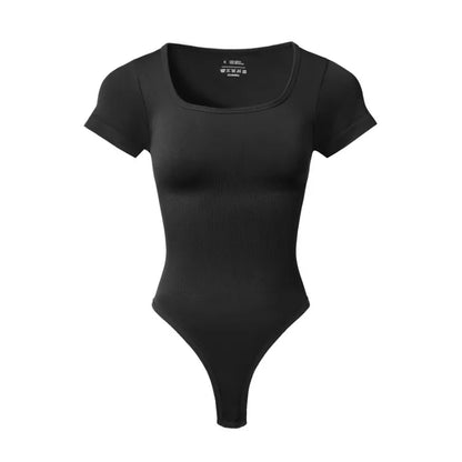 Women’s Plus Size Yoga Jumpsuit – Seamless Square Neck, High Elastic Solid Ribbed Workout & Running Sport T-Shirt Jumpsuit