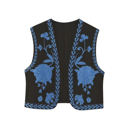 KEYANKETIAN Women's Vintage Floral Embroidered Open Waistcoat – National Style Vest Jacket, Casual Vacation Crop Top
