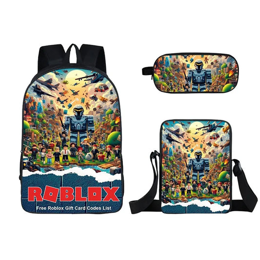 Kids Roblox 3-in-1 Backpack Set — School Bookbag, Shoulder Bag & Pencil Case Waterproof Travel Bag for Teens